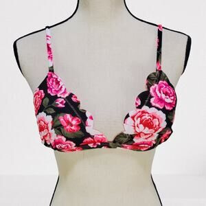 Xhilaration Women's Black w/ Pink Carnation Floral Bikini Top, Size: Medium, New